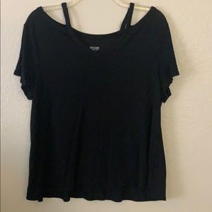 Flowy V Neck Black Tee with Shoulder Cut Outs